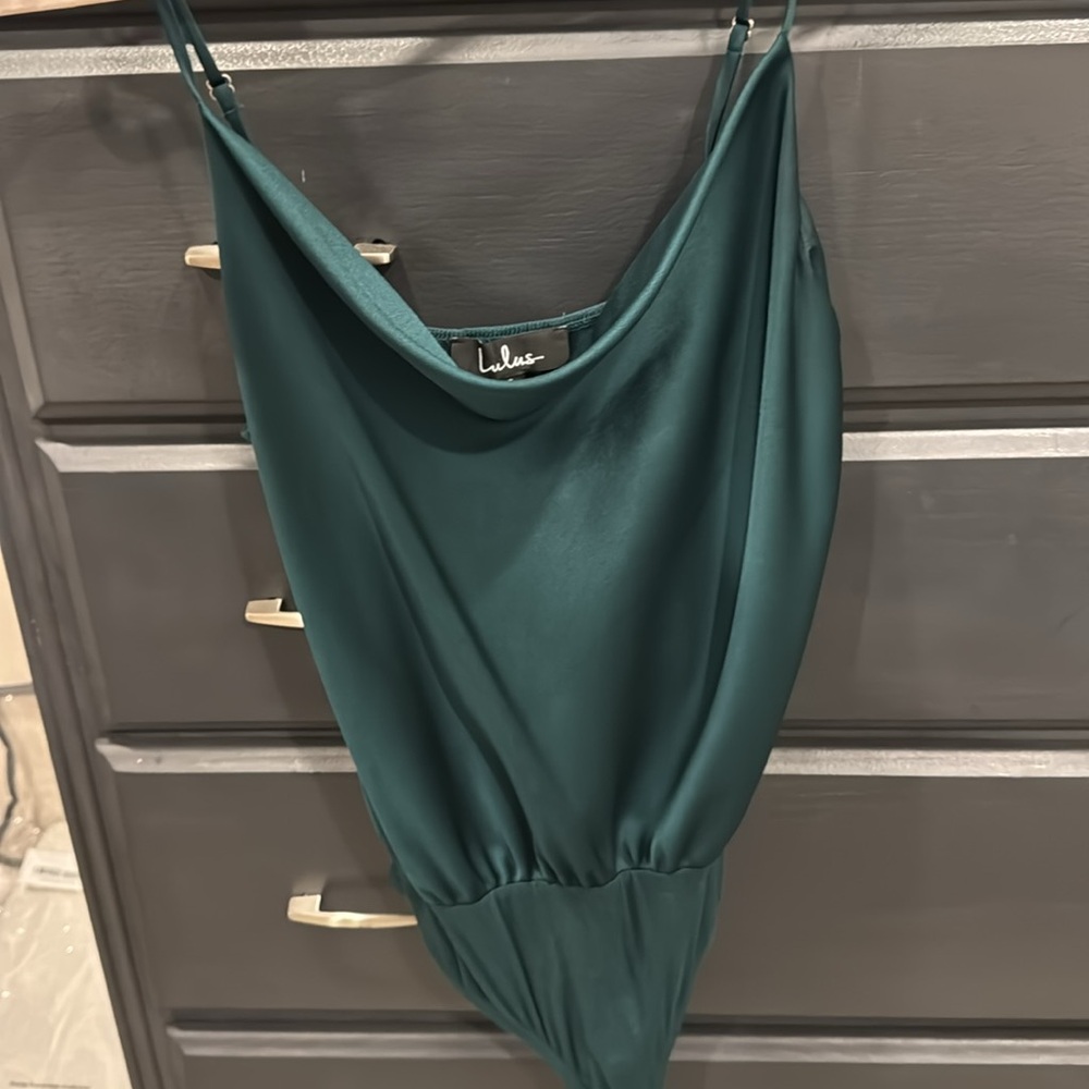 Lulus Emmerson Forest Green Satin Sleeveless Cowl Neck Bodysuit - Size S - Picture 2 of 5